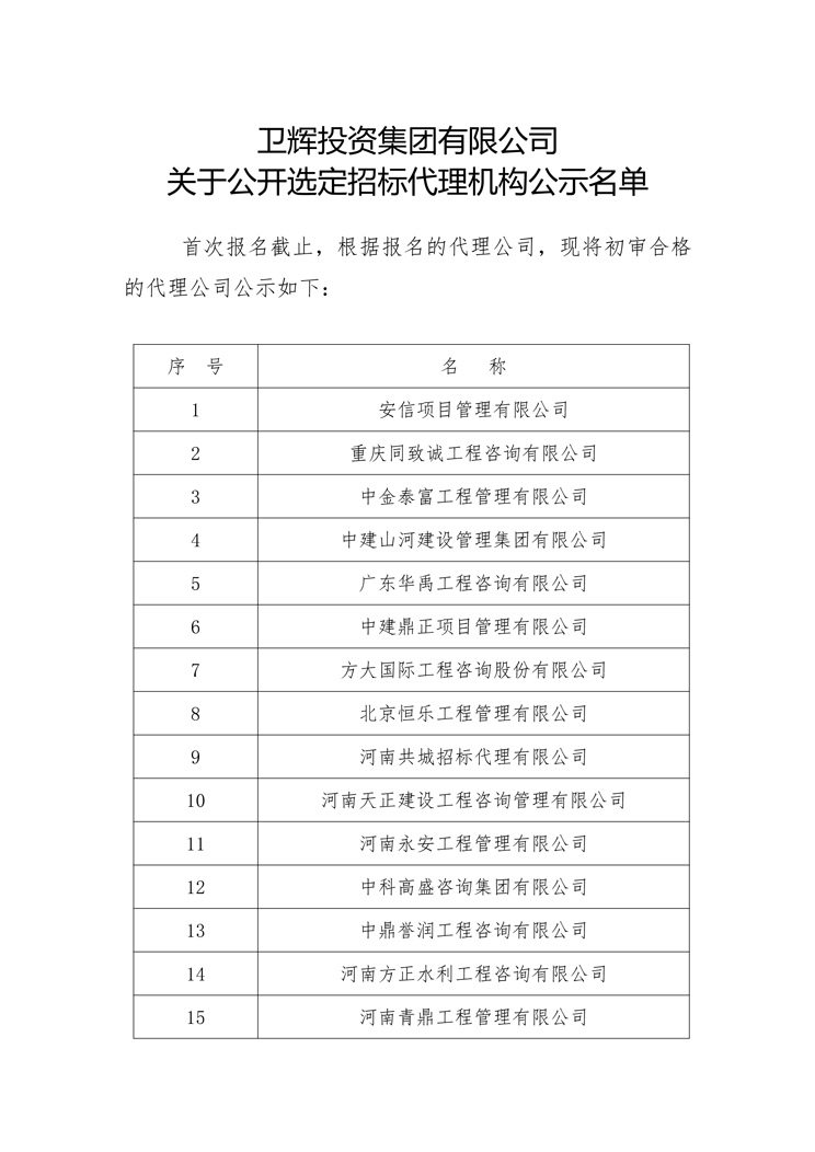 關(guān)于衛(wèi)輝投資集團(tuán)有限公司公開(kāi)選定招標(biāo)代理機(jī)構(gòu)公示名單-1